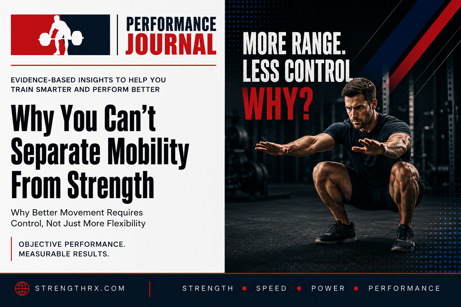 Athlete performing a deep squat under control in a gym illustrating that mobility depends on strength, stability, and movement control rather than flexibility alone.